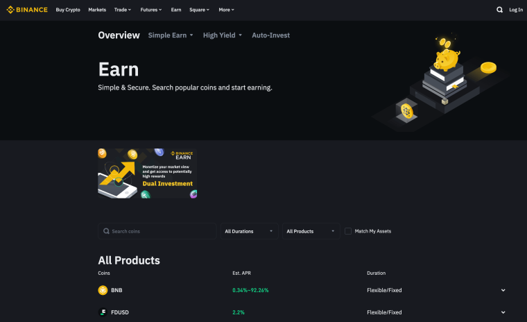 Binance earn homepage