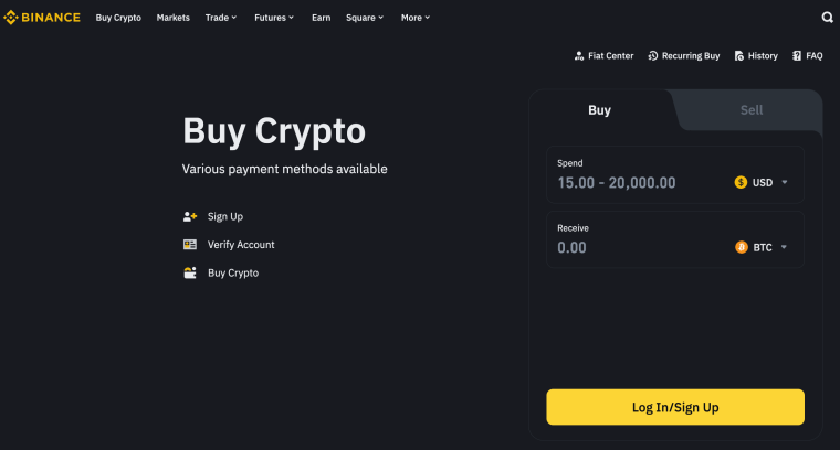 Binance exchange homepage