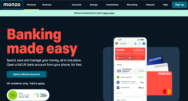 Monzo bank homepage