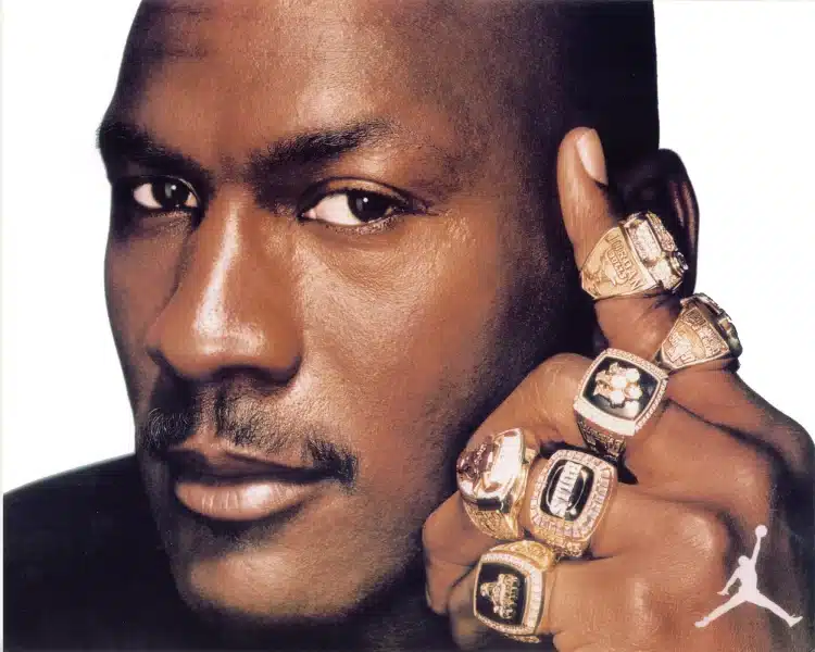 Michael Jordan with his rings