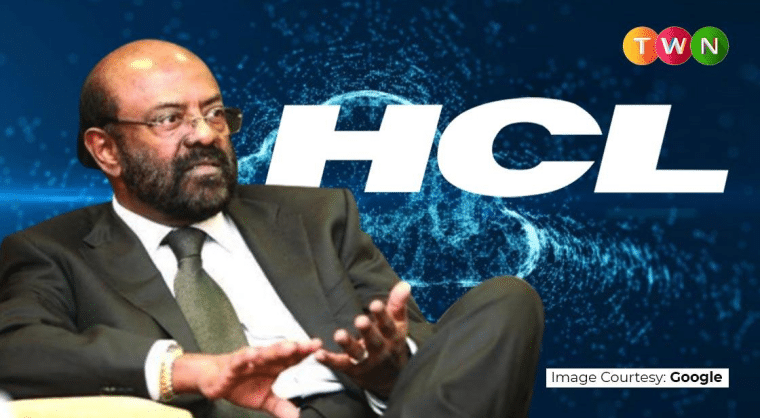 Shiv Nadar next to HCL logo