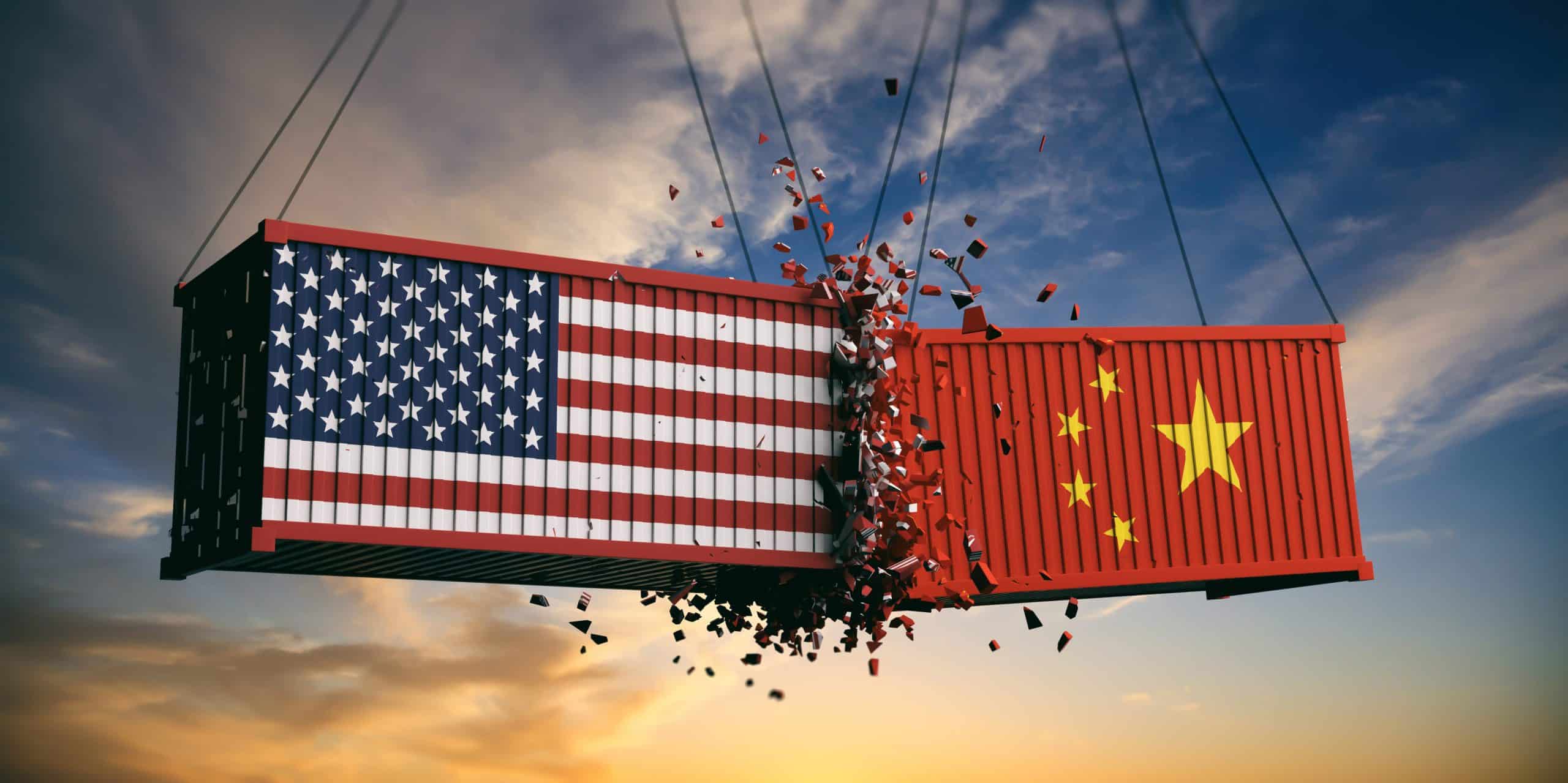 us flag and chinese flag on shipping containers