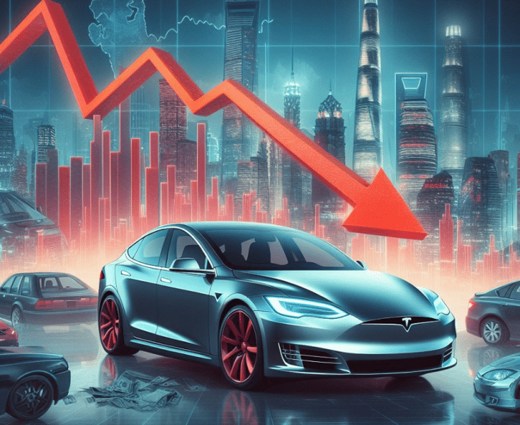 animated image showing a downtrend and tesla vehicle