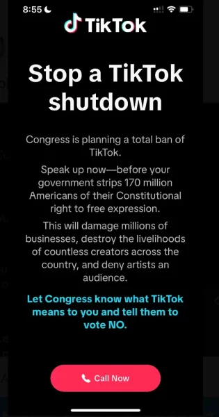 tiktok urges users to call lawmakers to stop a ban