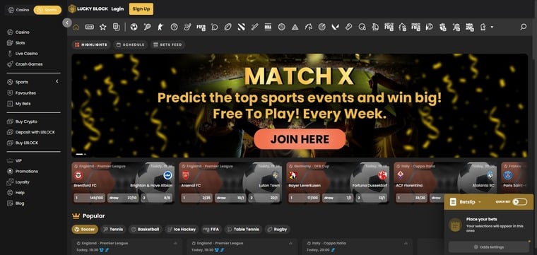 A screenshot of the Lucky Block Sportsbook Homepage