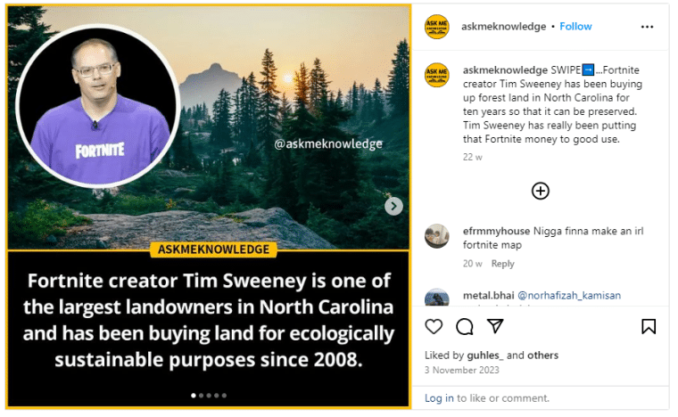 Tim Sweeny instagram post