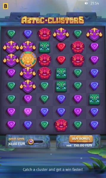 A screenshot of the Aztec Clusters slot game