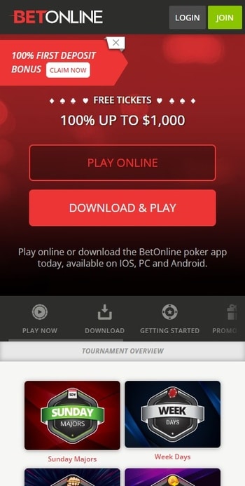 A screenshot of the BetOnline poker page