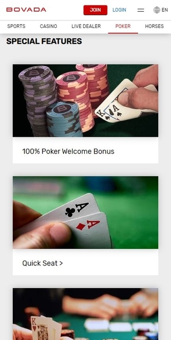 A screenshot of the poker features page at Bovada