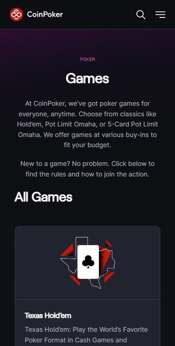 A screenshot of the Coin Poker games page