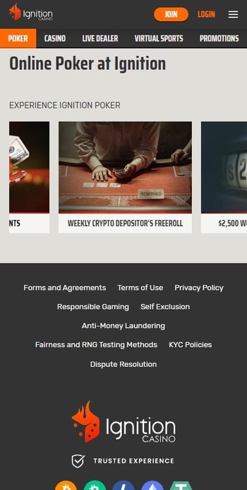 A screenshot of the poker offers at Ignition