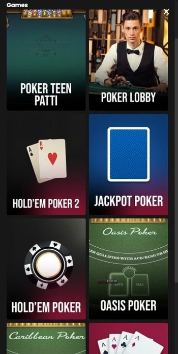 A screenshot of the poker options available at Lucky Block Casino