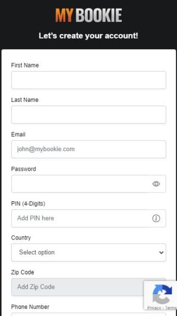 A screenshot of the registration form at MyBookie