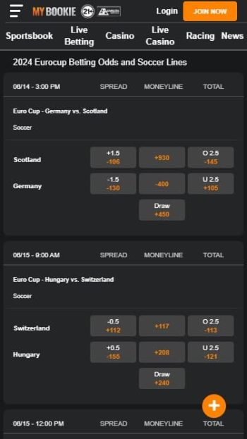 A screenshot showing the range of Euro 2024 betting options at MyBookie