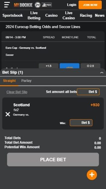 A screenshot of a MyBookie bet slip