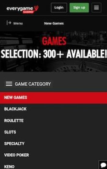 A screenshot showing the mobile homepage at Everygame Casino