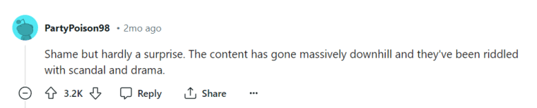 Reddit post of a user, saying "Shame but hardly a surprise. The content has gone massively downhill and they've been riddled with scandal and drama."