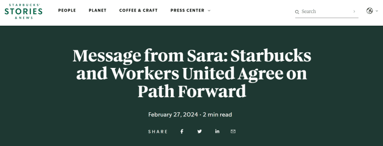 Starbucks Press Release - Message from Sara: Starbucks and Workers United Agree on Path Forward