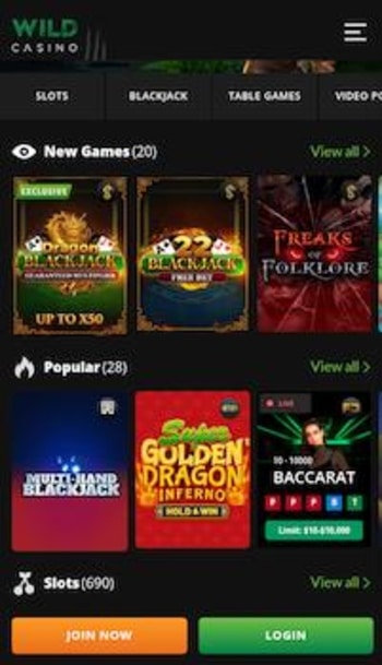 A screenshot showing the games available when you've registered at Wild Casino