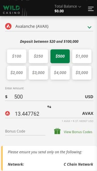 Deposit using AVAX at Wild Casino