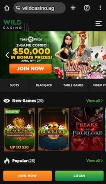 A screenshot showing the Join Now button at Wild Casino