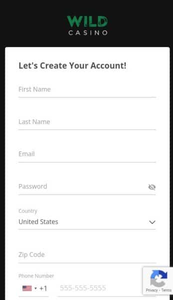 A screenshot of the Wild Casino registration page