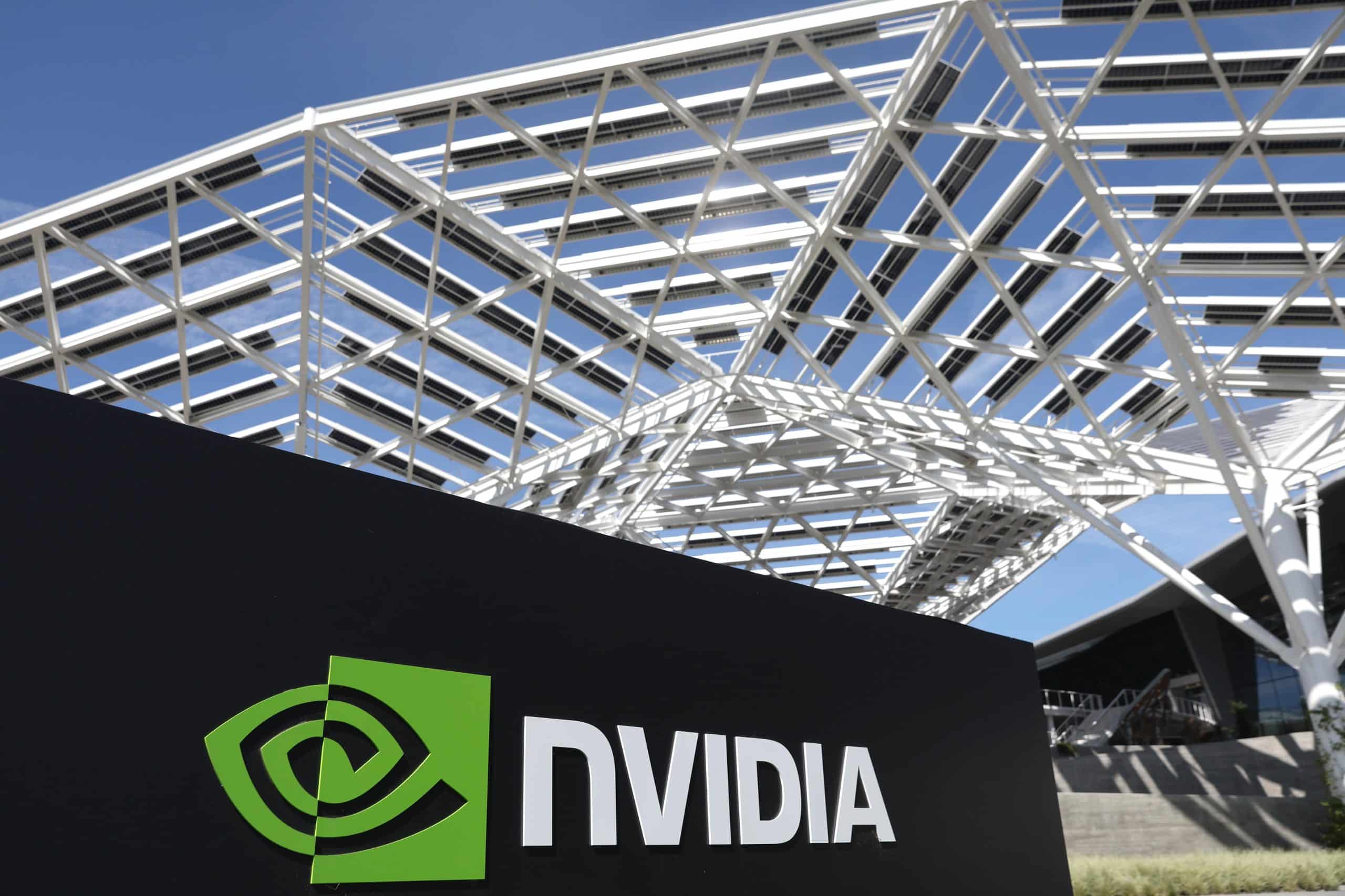 Nvidia logo in front of building