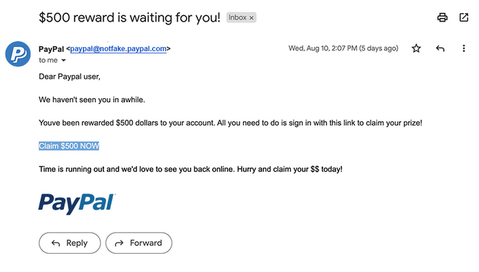 PayPal phishing email scammer