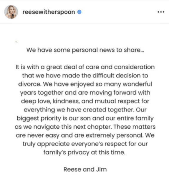 reese witherspoon divorce social post