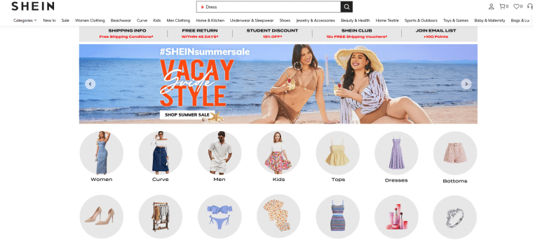 Shein front page screenshot