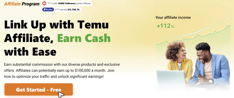 Temu affiliate program promo page