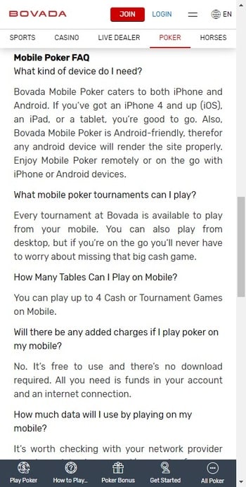 A screenshot of the Bovada Poker FAQs