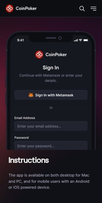 A screenshot of the Coin Poker App download instructions