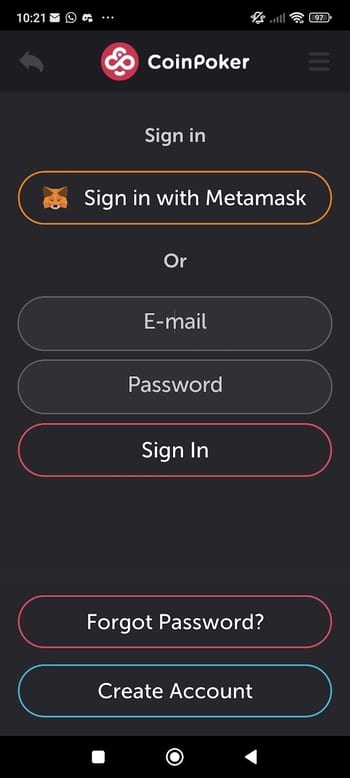 A screenshot showing the Coin Poker app login screen