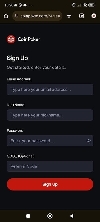 A screenshot showing the Coin Poker App registration page