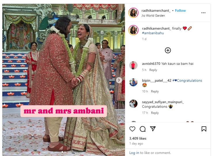 Radhika Merchant and Anant Ambani at their wedding