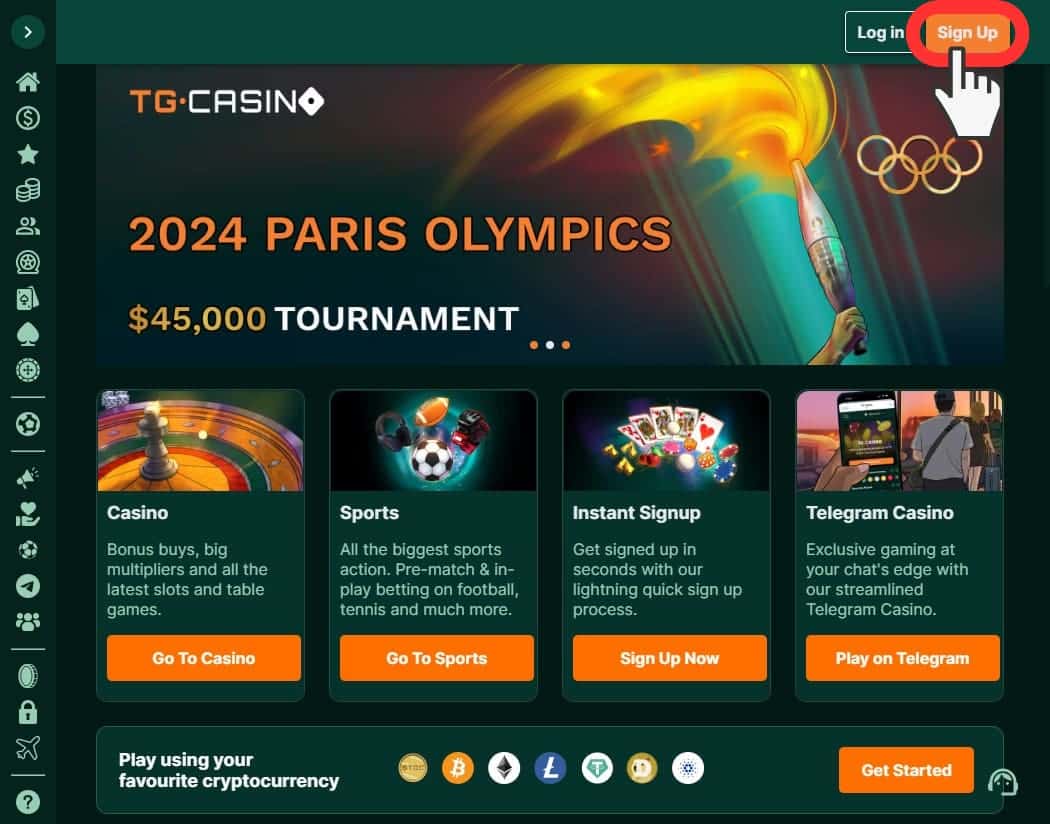 Where to click on the TG.Casino website to register