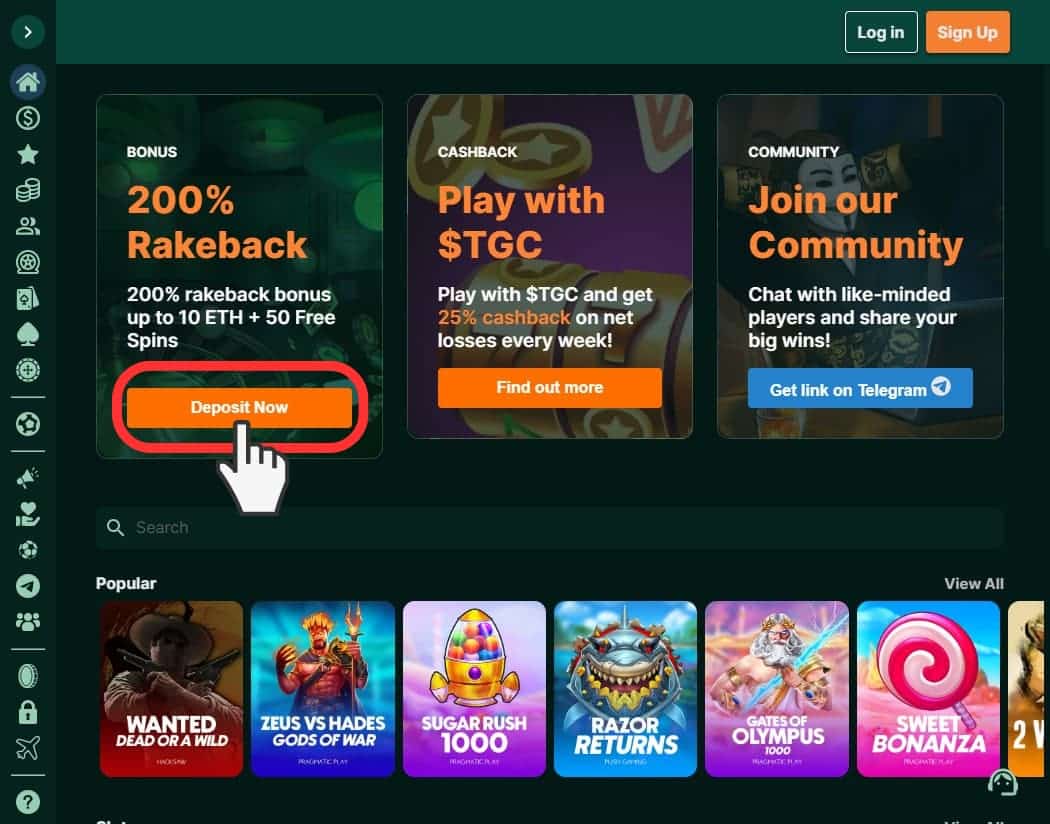 Where to click to claim the 200% Rakeback offer at TG.Casino