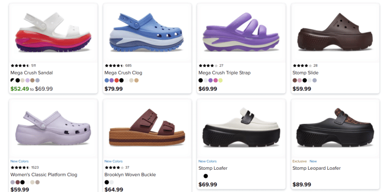 crocs listings on the crocs website