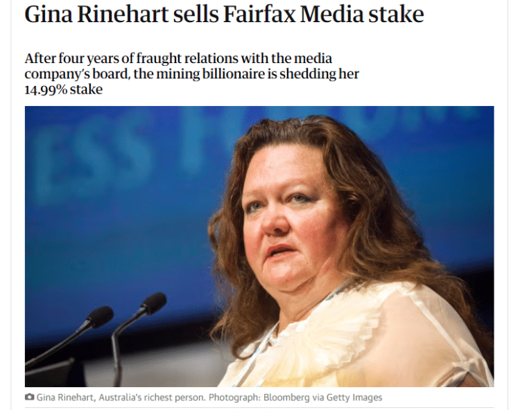 Gina Rinehart sells fairfax media stake headline