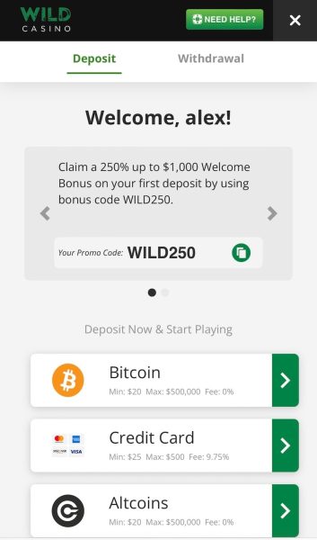 wild casino deposit