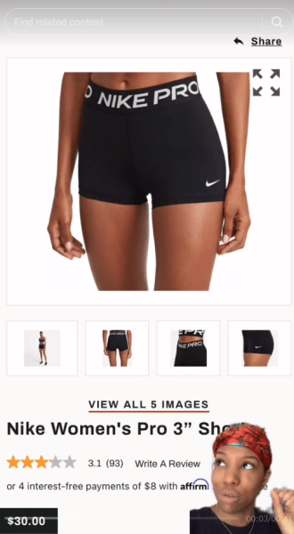 Nike Pro shorts shop page screenshot