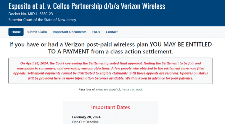 Verizon class action lawsuit page