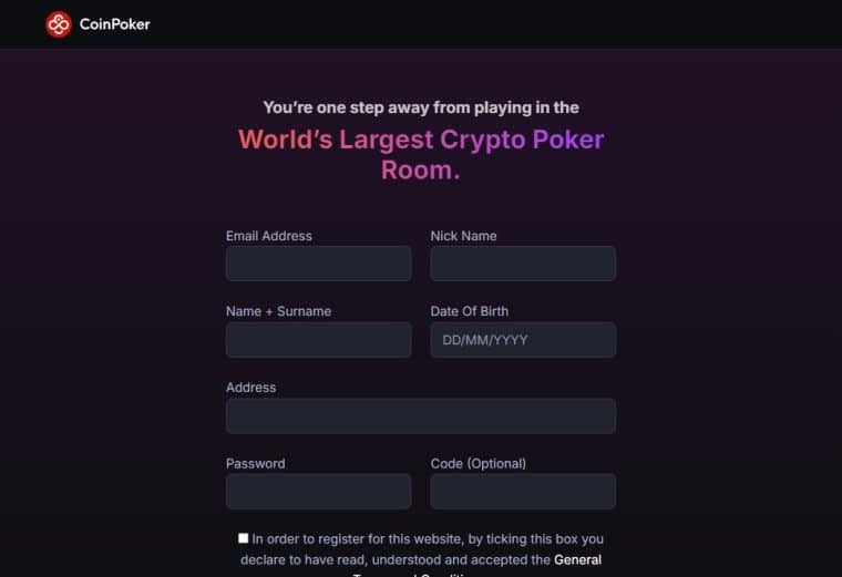 The registration form at CoinPoker