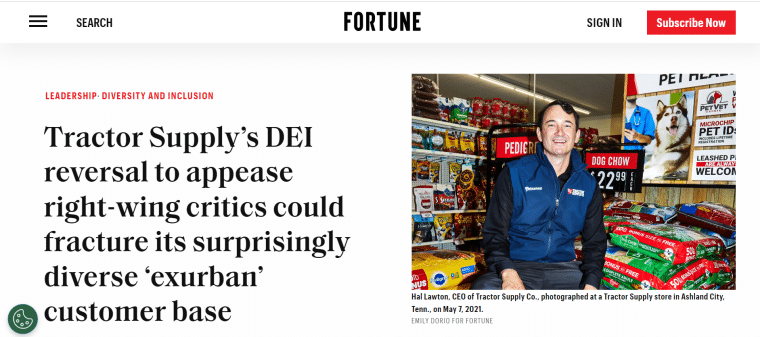 Fortune article titled Tractor Supply’s DEI reversal to appease right-wing critics could fracture its surprisingly diverse ‘exurban’ customer base