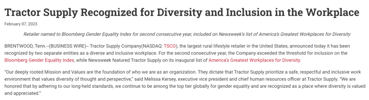 Tractor Supply news release titled Tractor Supply Recognized for Diversity and Inclusion in the Workplace