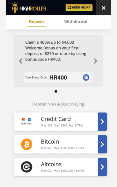 how to deposit at highroller casino