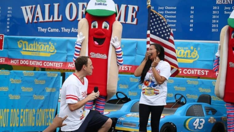 Joey Chestnut proposing to his wife