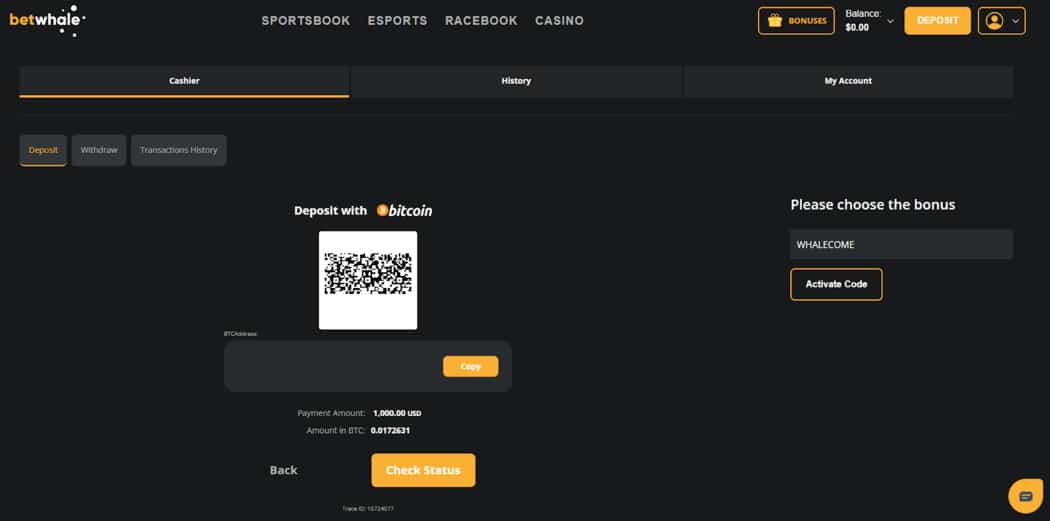 Deposit through Bitcoin at BetWhale