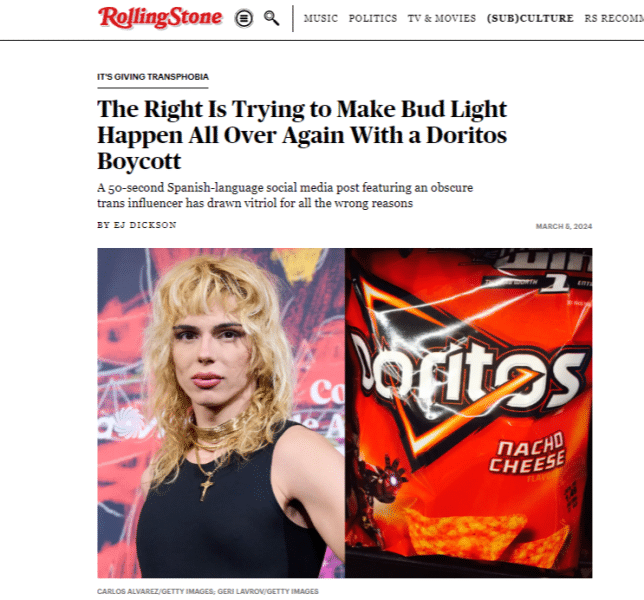 Rolling Stone article titled "The Right Is Trying to Make Bud Light Happen All Over Again With a Doritos Boycott"